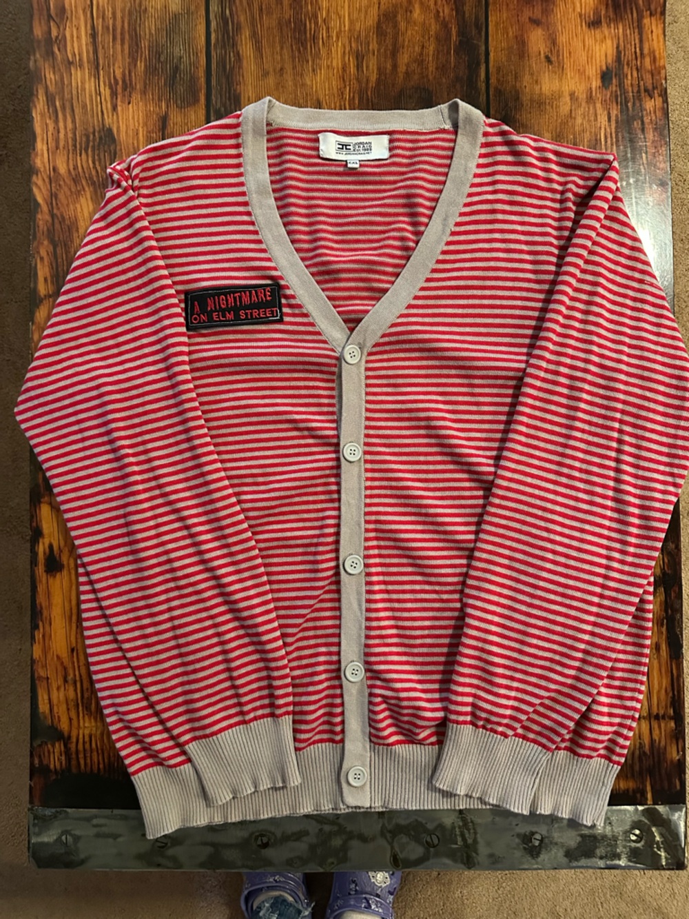 Jordan Craig VNTG Red and Gray Striped Cardigan with Nightmare on Elm St Patch